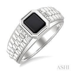 ASHI Silver Emerald Shape Men's Onyx Diamond Ring 884B9PPSSOXSLRG