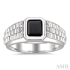 ASHI Silver Emerald Shape Men's Onyx Diamond Ring 884B9PPSSOXSLRG