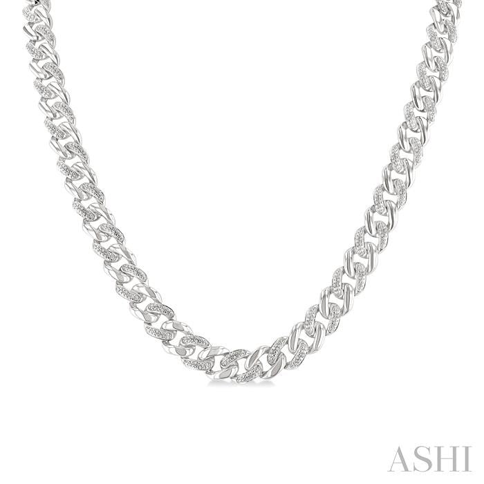 ASHI Silver Curb & Cuban Diamond Necklace 89385PPSSSLNK