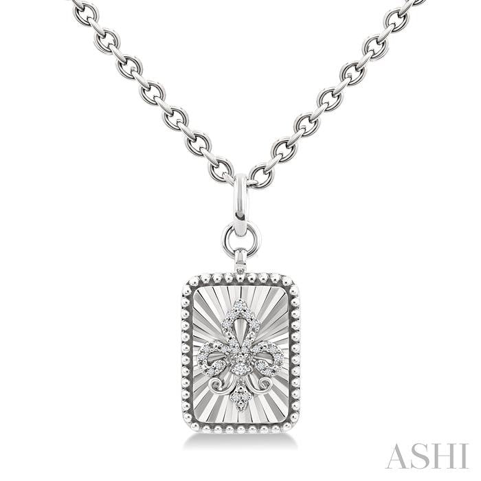 ASHI Silver Rectangle Fleur-De-Lis Fluted Medallion Diamond Pendant 89478PPSSSLPD-RCT