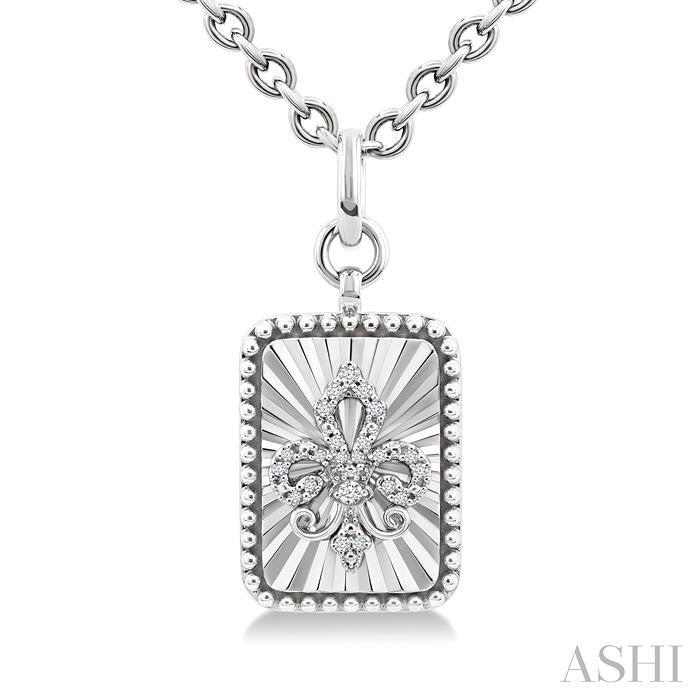 ASHI Silver Rectangle Fleur-De-Lis Fluted Medallion Diamond Pendant 89478PPSSSLPD-RCT