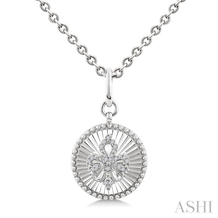 ASHI Silver Circle Fleur-De-Lis Fluted Medallion Diamond Pendant 89478PPSSSLPD-RD