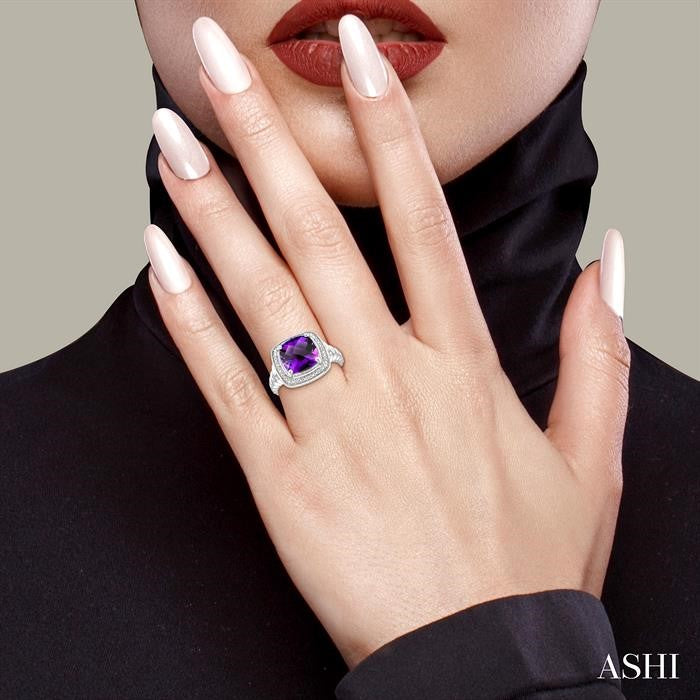 ASHI Silver Cushion Shape Gemstone & Diamond Ring 899A9PPSSAMSLRG-CU