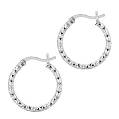 White Sterling Silver Diamond Cut/ Textured Diamond Cut Hoop Earring