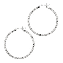 White Sterling Silver Diamond Cut/ Textured Diamond Cut Hoop Earring