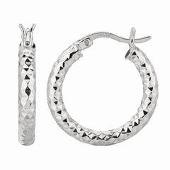 White Sterling Silver Diamond Cut/ Textured Diamond Cut Hoop Earring