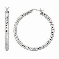 White Sterling Silver Diamond Cut/ Textured Diamond Cut Hoop Earring