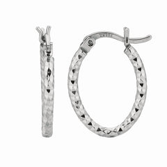 White Sterling Silver Diamond Cut/ Textured Diamond Cut Hoop Earring