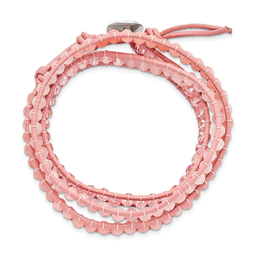 Leather Rose/Pink Quartz Crystal Multi Wrap/ Button Bracelet BF2091