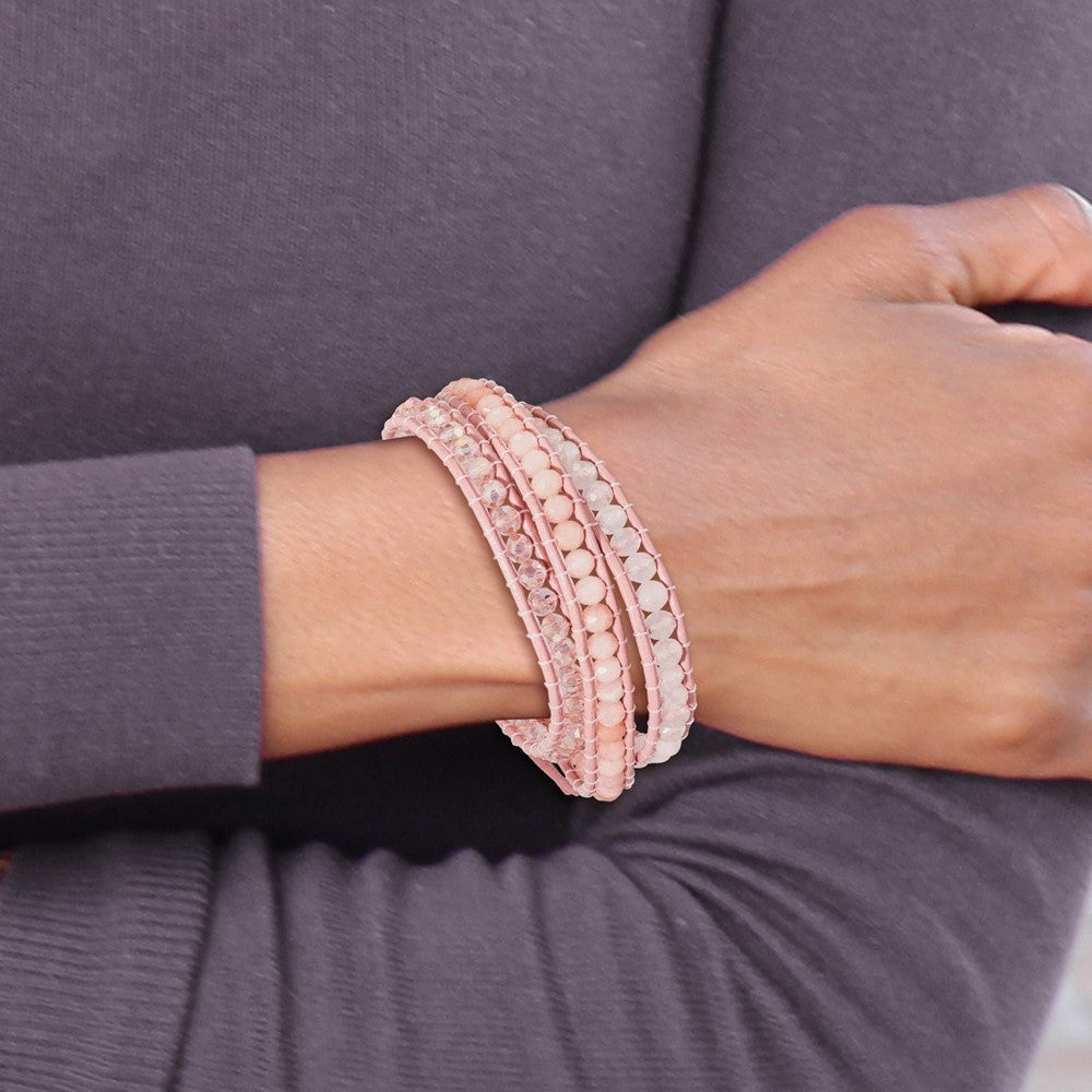 Leather Rose/Pink Quartz Crystal Multi Wrap/ Button Bracelet BF2091