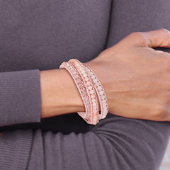 Leather Rose/Pink Quartz Crystal Multi Wrap/ Button Bracelet BF2091