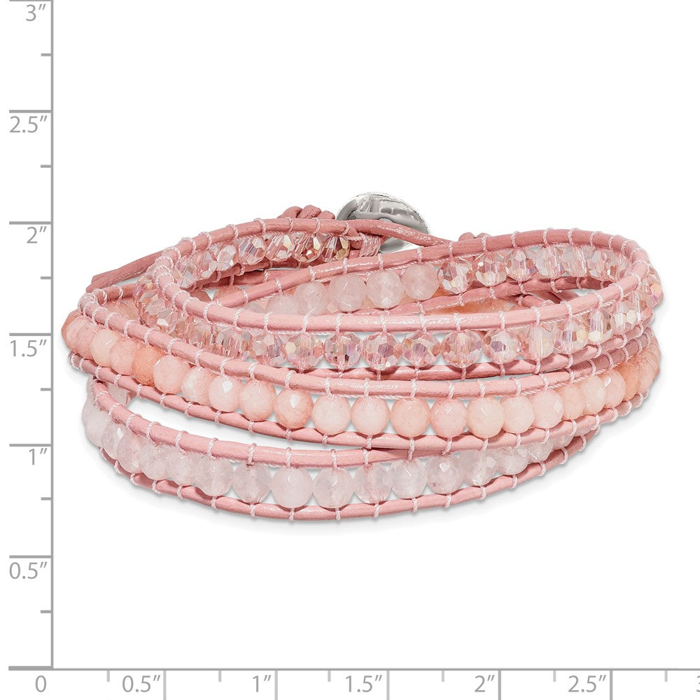 Leather Rose/Pink Quartz Crystal Multi Wrap/ Button Bracelet BF2091