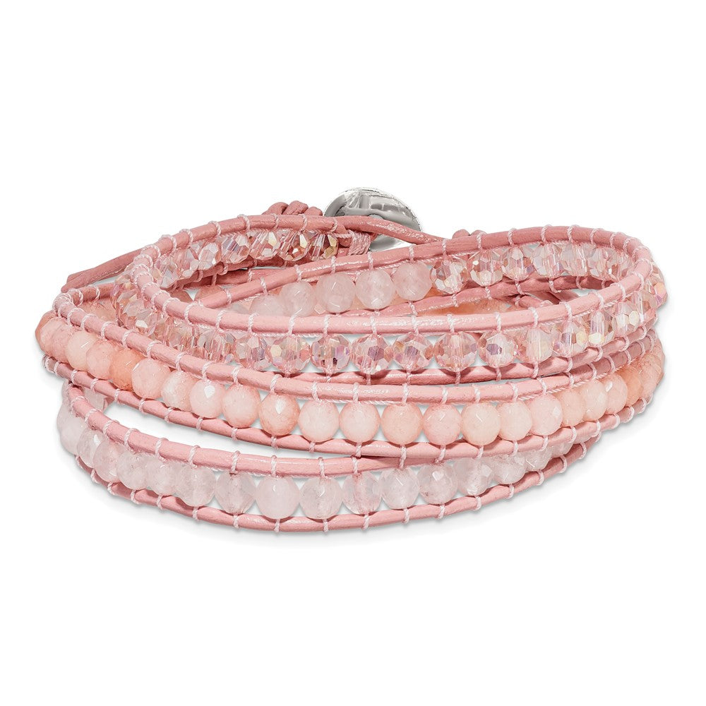 Leather Rose/Pink Quartz Crystal Multi Wrap/ Button Bracelet BF2091