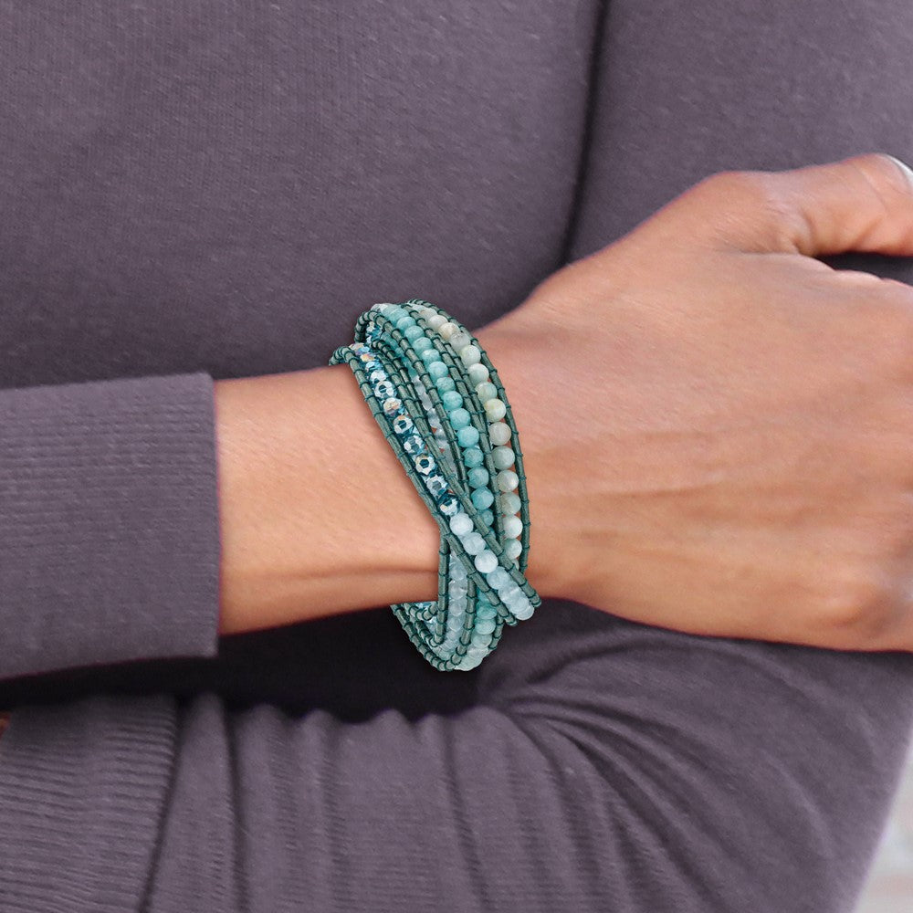 Amazonite/Crystal/Blue Quartz/Leather Multi-wrap Bracelet BF2102