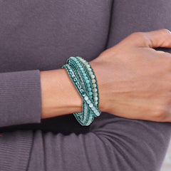 Amazonite/Crystal/Blue Quartz/Leather Multi-wrap Bracelet BF2102