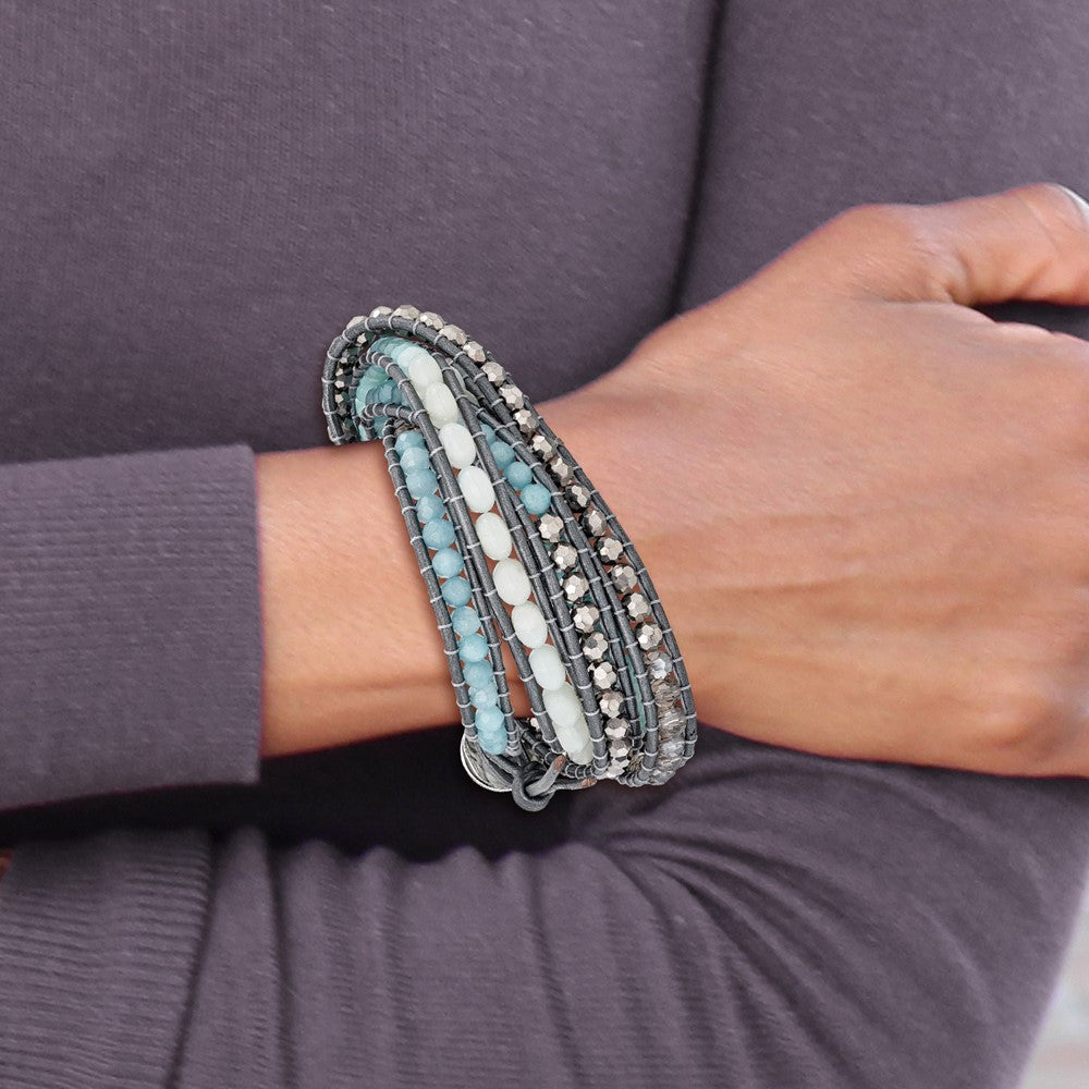 Aquamarine/Blue Quartz/Crystal/Leather Multi-wrap Bracelet BF2112