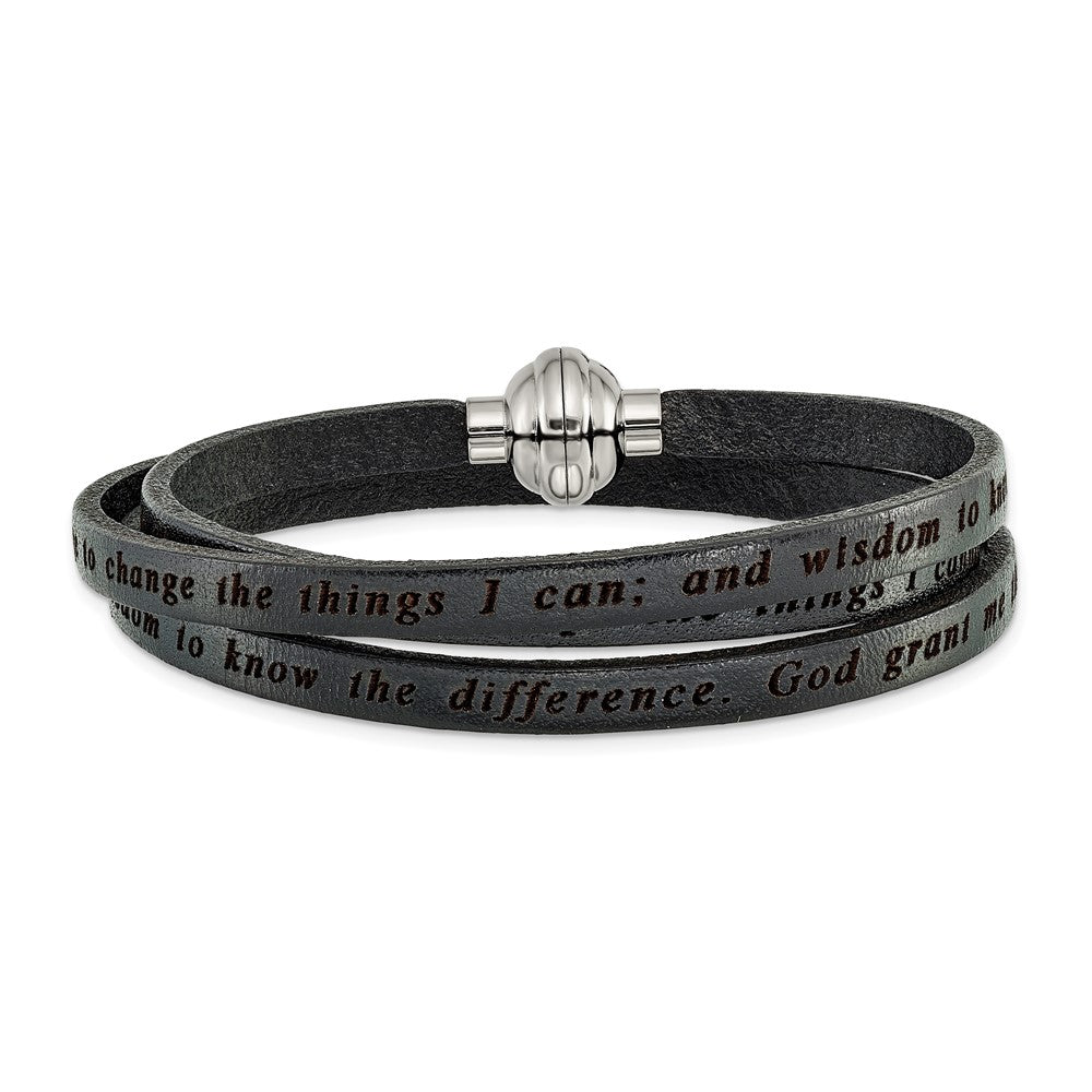 AMEN Stainless Steel Serenity Prayer Black Leather Wrap with Magnetic Clasp 23.5 Inch Bracelet BF3225-MD