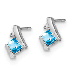 EM7398-BT-003-SSA Sterling Silver Antique Cushion Blue Topaz and Diamond Earrings
