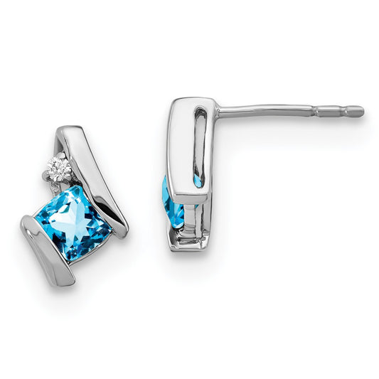 EM7398-BT-003-SSA Sterling Silver Antique Cushion Blue Topaz and Diamond Earrings