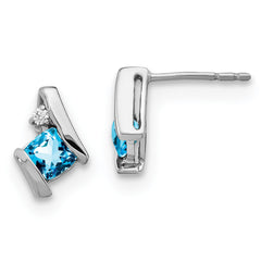 EM7398-BT-003-SSA Sterling Silver Antique Cushion Blue Topaz and Diamond Earrings