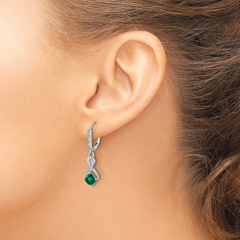 EM7402-CEM-006-SSA Sterling Silver Rhodium-plated Created Emerald and Diamond Earrings