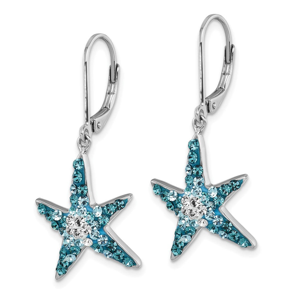 IE-007 Sterling Silver Rhodium-Plated Polished Blue and White Crystal Starfish Leverback Earrings