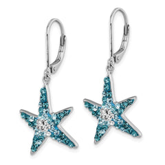 IE-007 Sterling Silver Rhodium-Plated Polished Blue and White Crystal Starfish Leverback Earrings