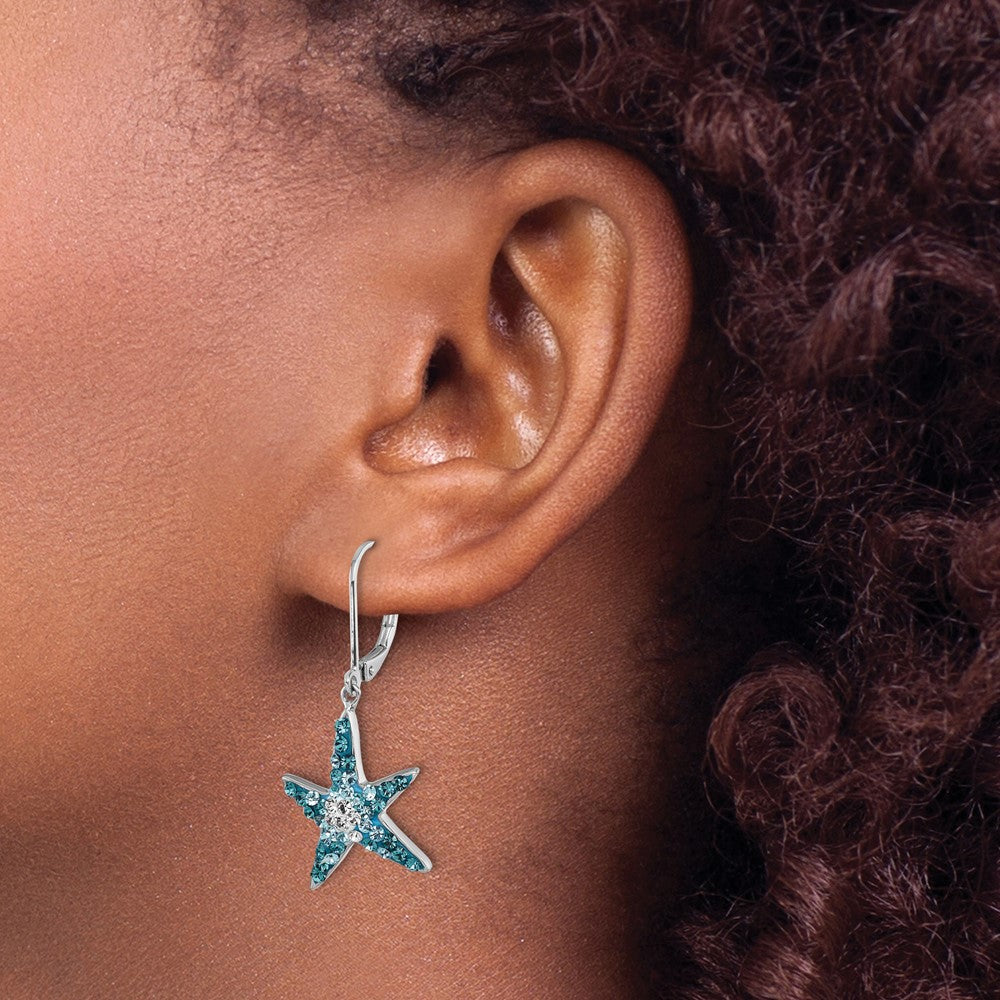 IE-007 Sterling Silver Rhodium-Plated Polished Blue and White Crystal Starfish Leverback Earrings
