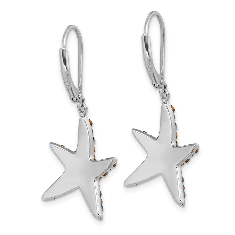 IE-007 Sterling Silver Rhodium-Plated Polished Blue and White Crystal Starfish Leverback Earrings