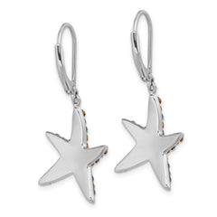 IE-007 Sterling Silver Rhodium-Plated Polished Blue and White Crystal Starfish Leverback Earrings