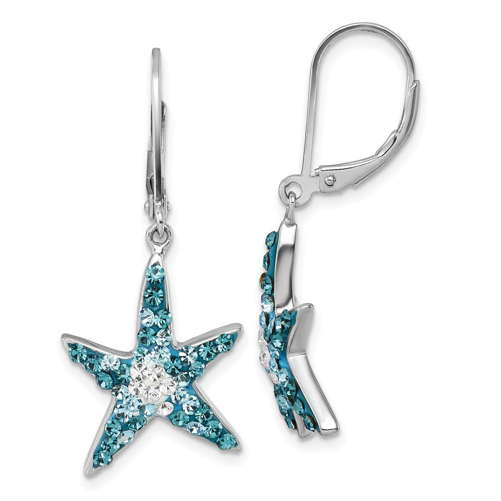IE-007 Sterling Silver Rhodium-Plated Polished Blue and White Crystal Starfish Leverback Earrings