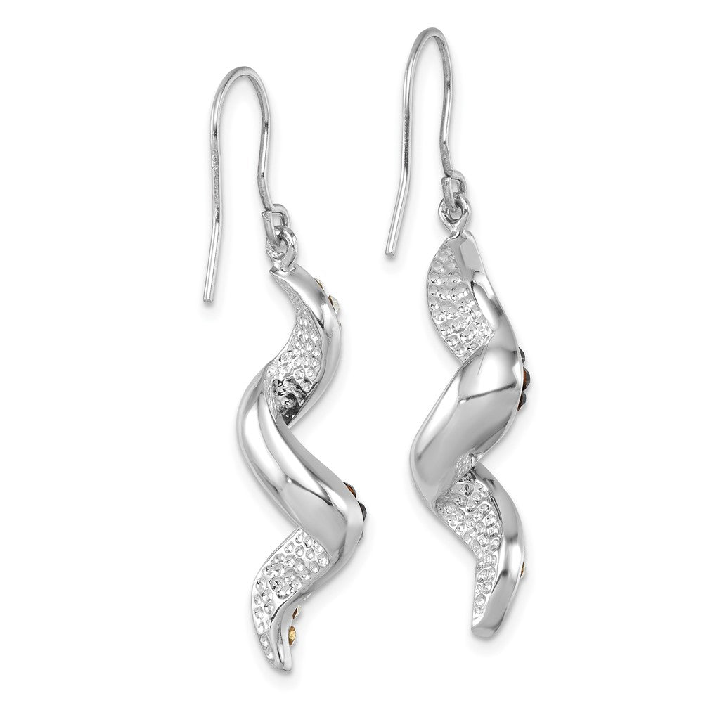IE-011 Sterling Silver Rhodium-Plated Polished Long Twirl White and Blue Crystal Wave Dangle Earrings