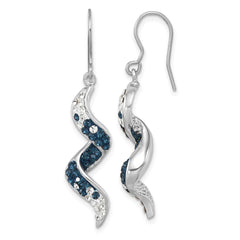 IE-011 Sterling Silver Rhodium-Plated Polished Long Twirl White and Blue Crystal Wave Dangle Earrings