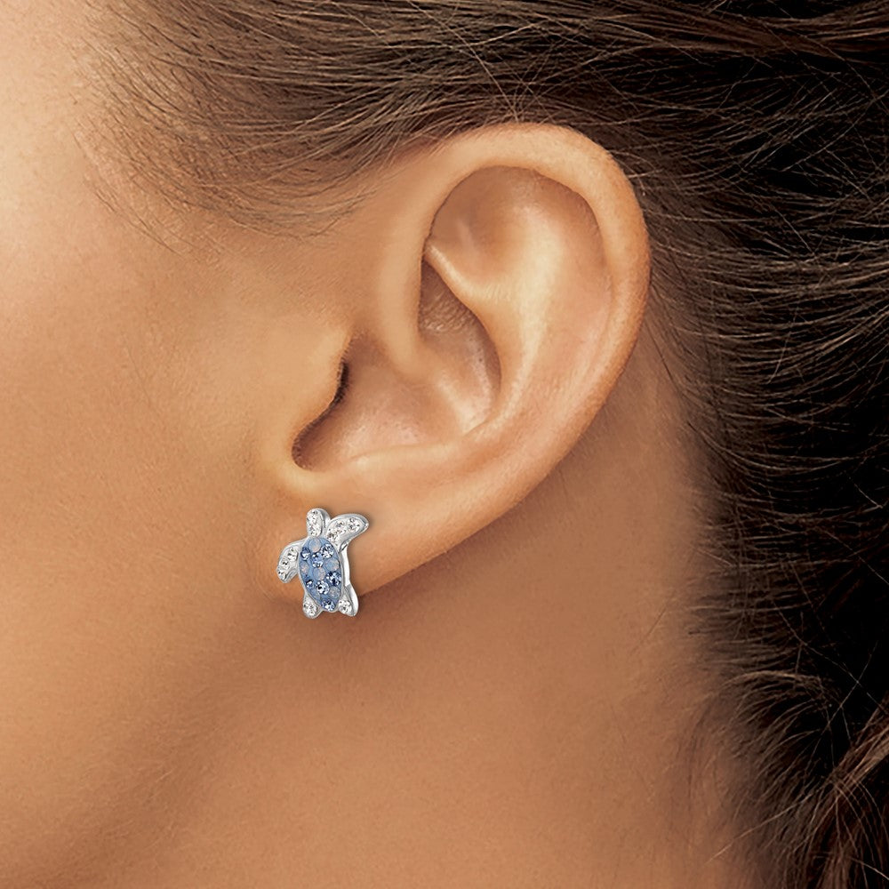 IE-016 Sterling Silver Rhodium-plated Polished Blue and White Crystal Turtle Post Earrings