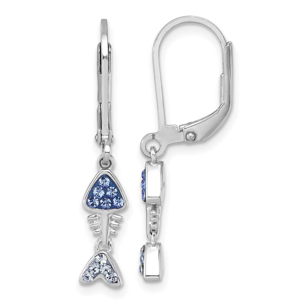 IE-120 Sterling Silver Rhodium-plated Polished Blue Crystal Bonefish Dangle Earrings