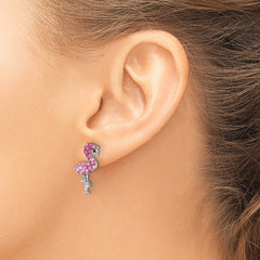 IE-121 Sterling Silver Rhodium-plated Polished Pink Crystal Flamingo Post Earrings