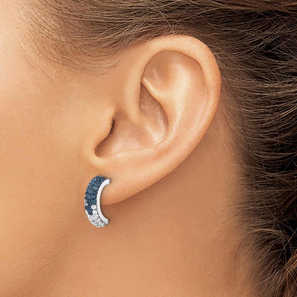 IE-191 Sterling Silver Rhodium-Plated Polished Blue and White Crystal J-Hoop Earrings