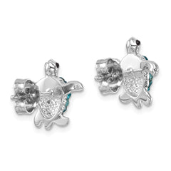 IE-201 Sterling Silver Rhodium-plated Polished Blue Crystal Turtle Post Earrings