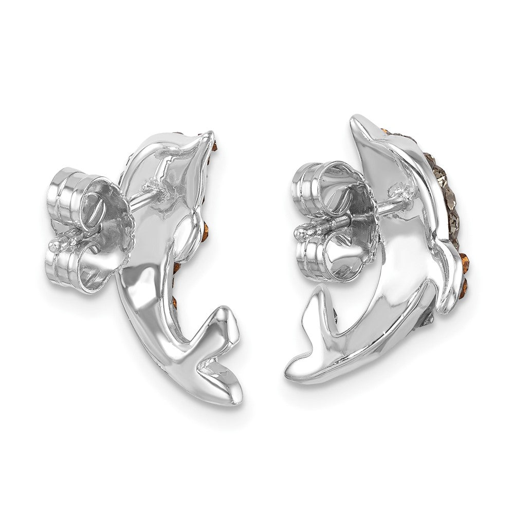 IE-231 Sterling Silver Rhodium-plated Polished Pale Blue Crystal Dolphin Post Earrings