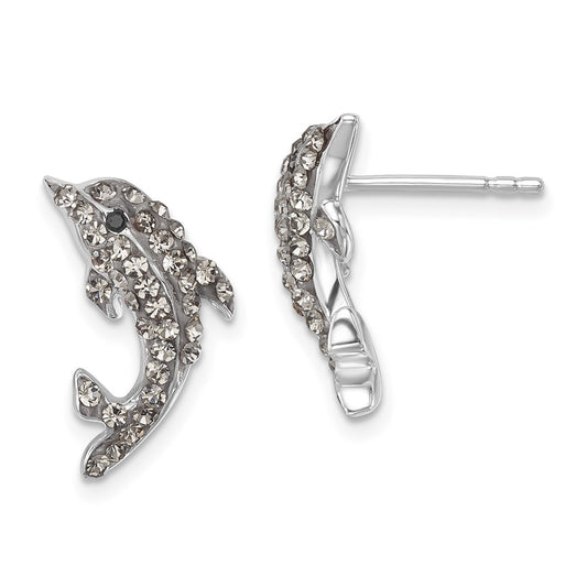 IE-231 Sterling Silver Rhodium-plated Polished Pale Blue Crystal Dolphin Post Earrings