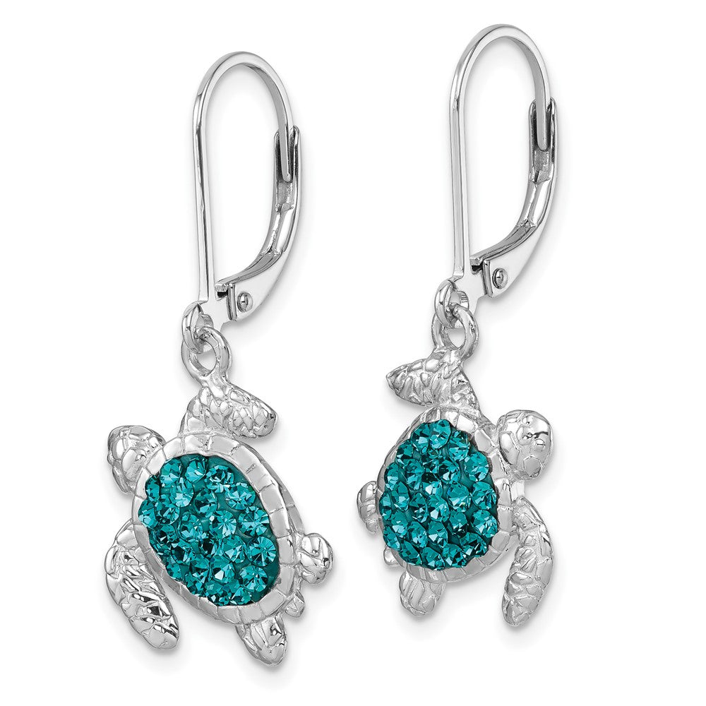 IE-240 Sterling Silver Rhodium-plated Polished Blue Crystal Turtle Dangle Leverback Earrings