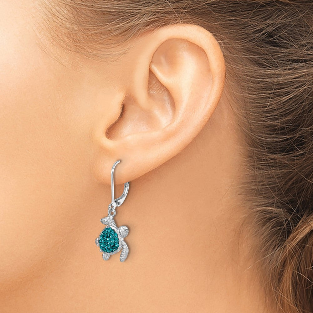 IE-240 Sterling Silver Rhodium-plated Polished Blue Crystal Turtle Dangle Leverback Earrings