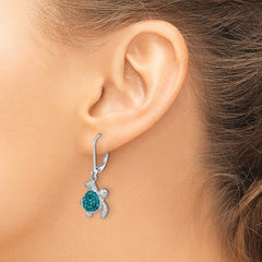 IE-240 Sterling Silver Rhodium-plated Polished Blue Crystal Turtle Dangle Leverback Earrings