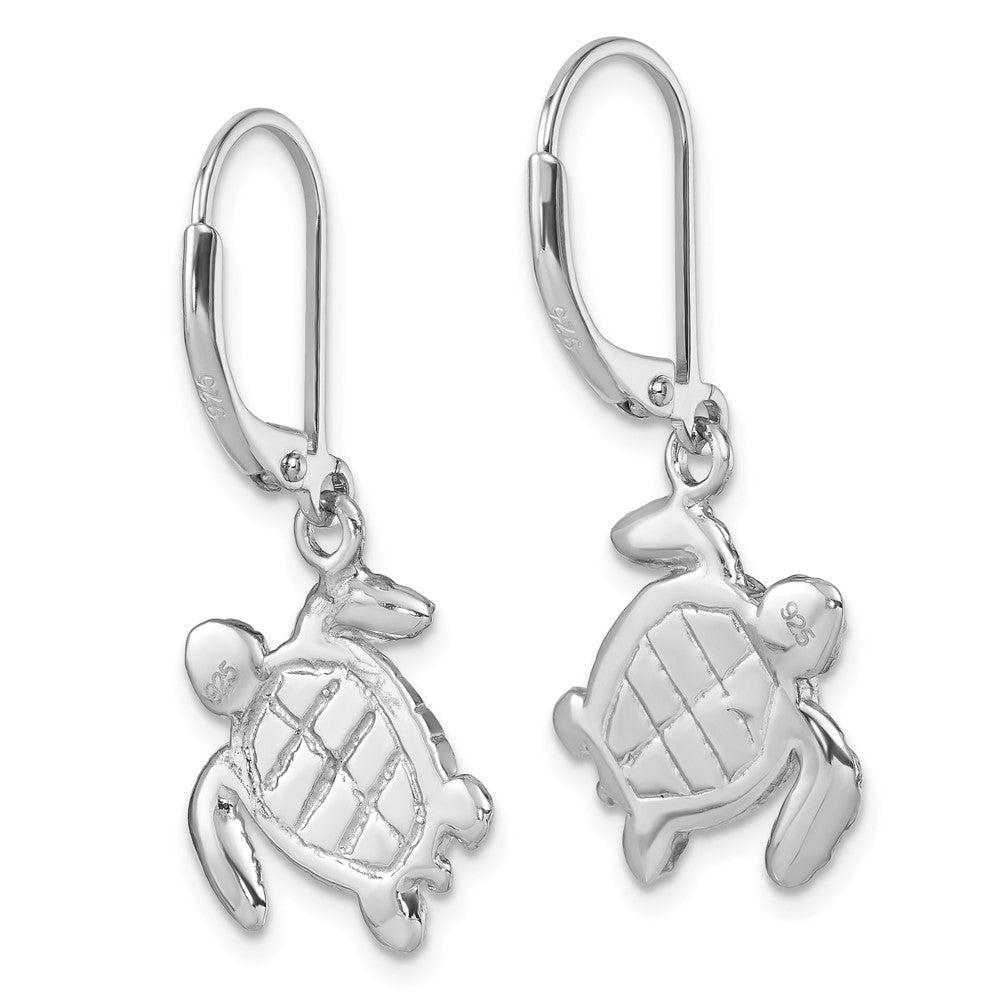 IE-240 Sterling Silver Rhodium-plated Polished Blue Crystal Turtle Dangle Leverback Earrings