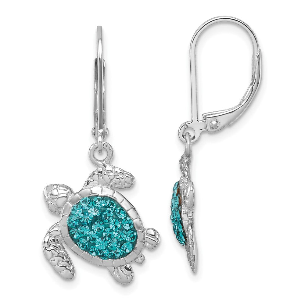 IE-240 Sterling Silver Rhodium-plated Polished Blue Crystal Turtle Dangle Leverback Earrings
