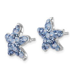 IE-316 Sterling Silver Rhodium-plated Polished Blue Crystal Starfish Post Earrings