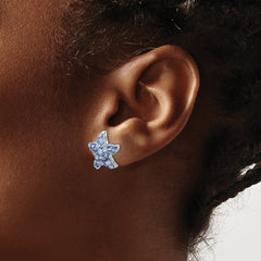 IE-316 Sterling Silver Rhodium-plated Polished Blue Crystal Starfish Post Earrings