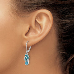 IE-971 Sterling Silver Rhodium-plated Polished Blue and White Crystal Flip Flop Dangle Leverback Earrings