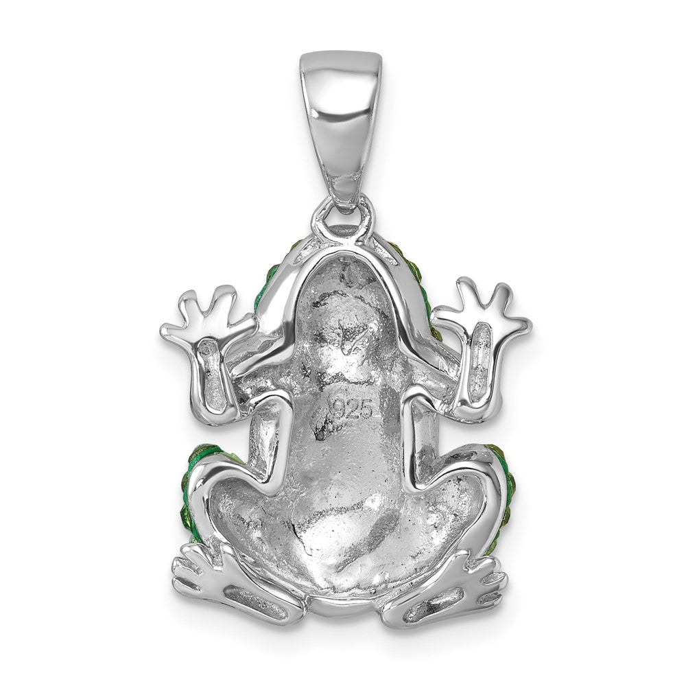 Sterling Silver Rhodium-plated Polished Green and White Crystal Frog Pendant IP-058