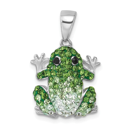 Sterling Silver Rhodium-plated Polished Green and White Crystal Frog Pendant IP-058